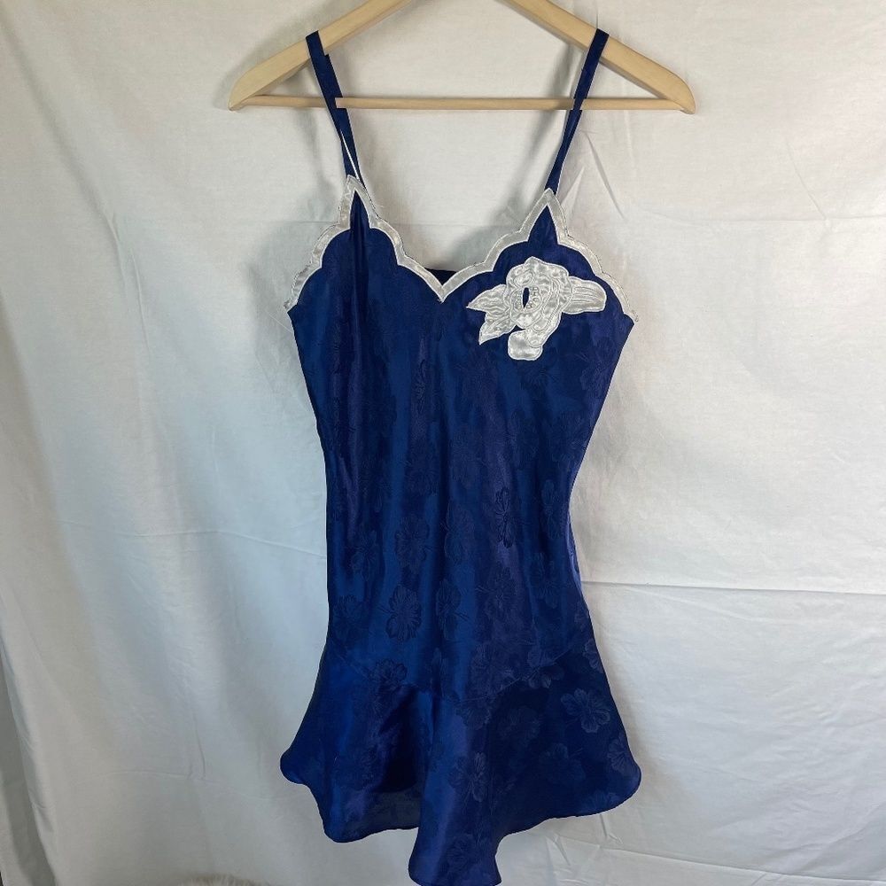 Victoria's Secret Vintage Blue Brocade Chemise Floral Trim Sz S